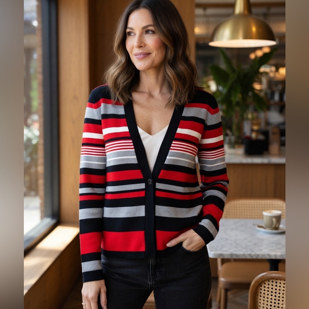 Calvin Klein Red and Black Striped Cardigan